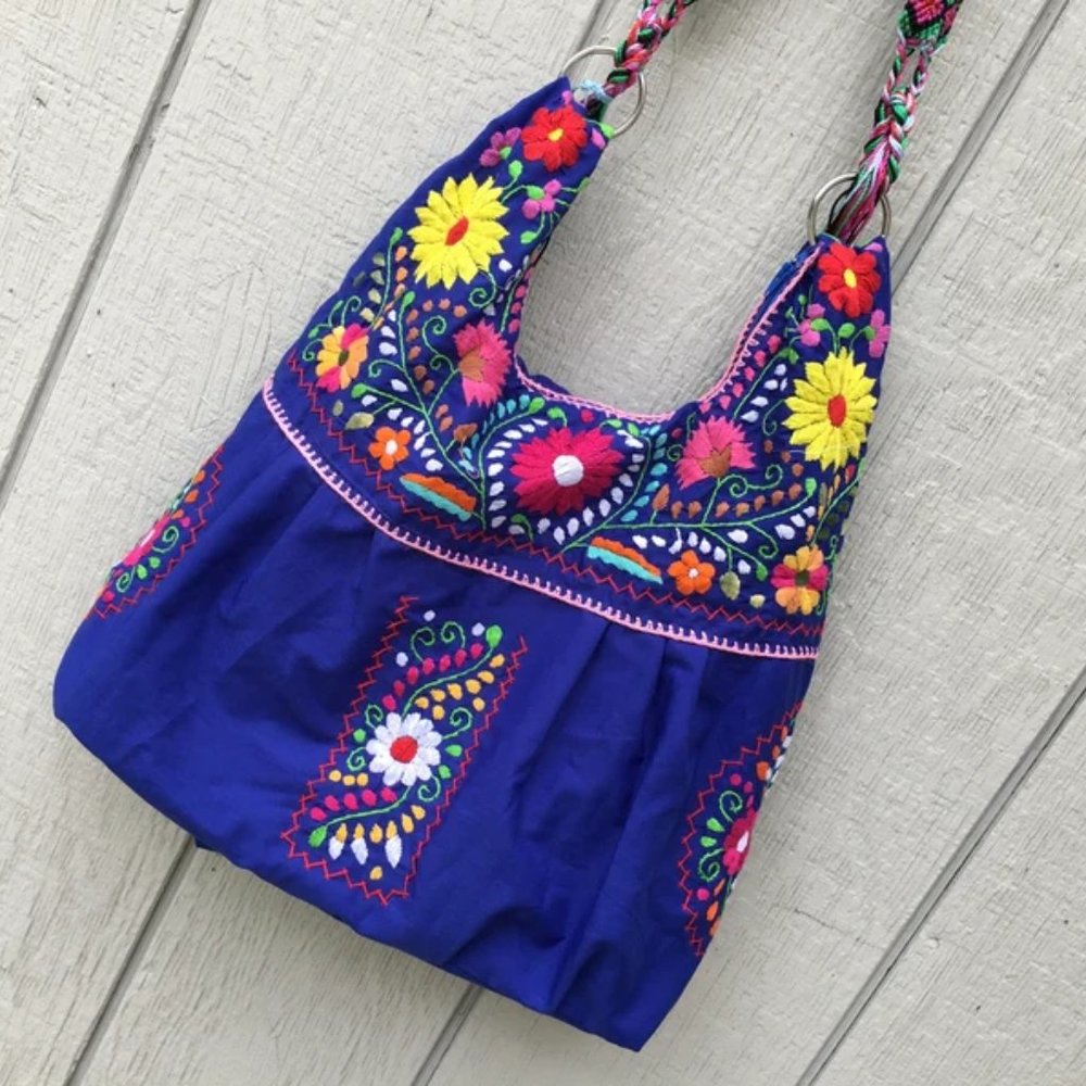 Handmade Floral Embroidered Mexican Satchel Morral Bag - Bolsa Bordada Mexicana